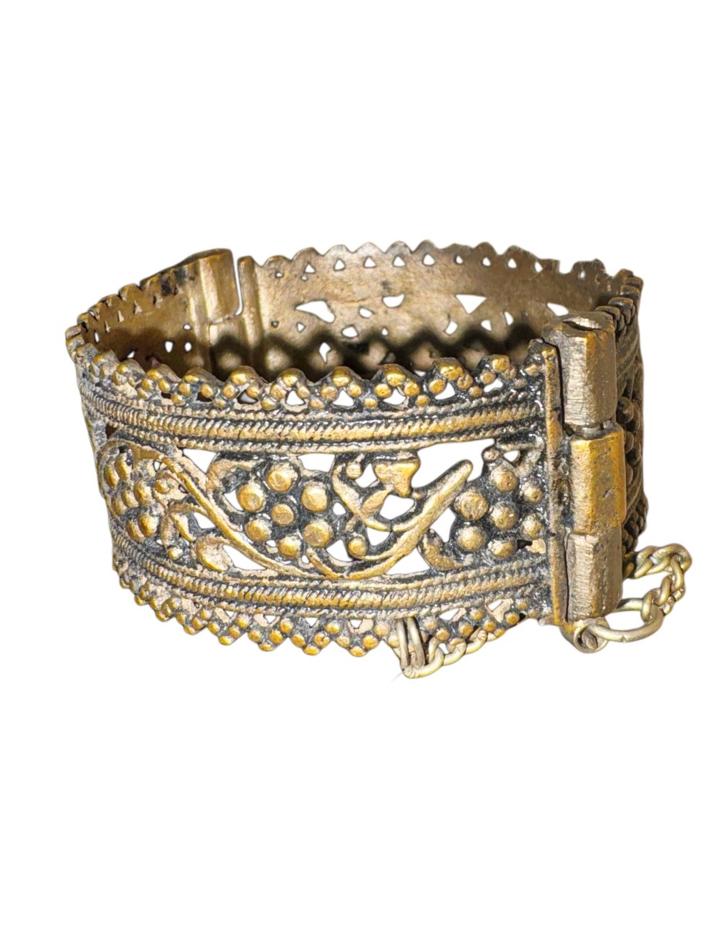 VTG Antique Ornate Gold Filigree Ethnic Hinged Cuff Bangle Safety Chain Cuff